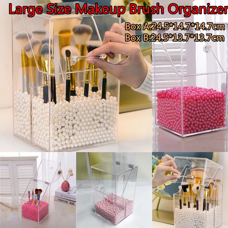 

Large Size Makeup Brush Storage Container with Lid Transparent Cosmetic Brush Organizer with 500g Beads Desk Dustproof Box