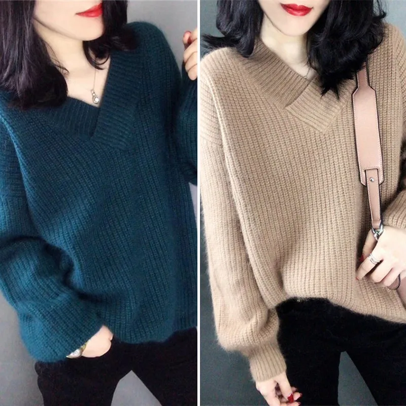 Loose Casual Lantern Sleeve Mohair Thicken Sweater Women Fashion Trend Simple V-neck Solid Color Pullover Sweater