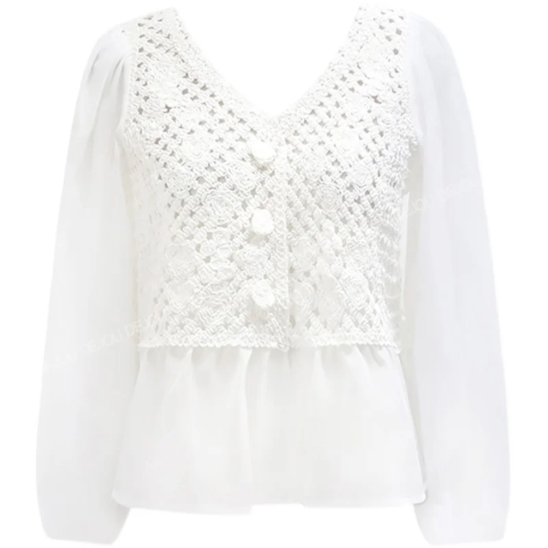 

Spring Slightly Transparent Ruffled Hollow out Elegant Graceful Sweet Girl Crocheted Lace Chiffon Shirt Women's Chic Top