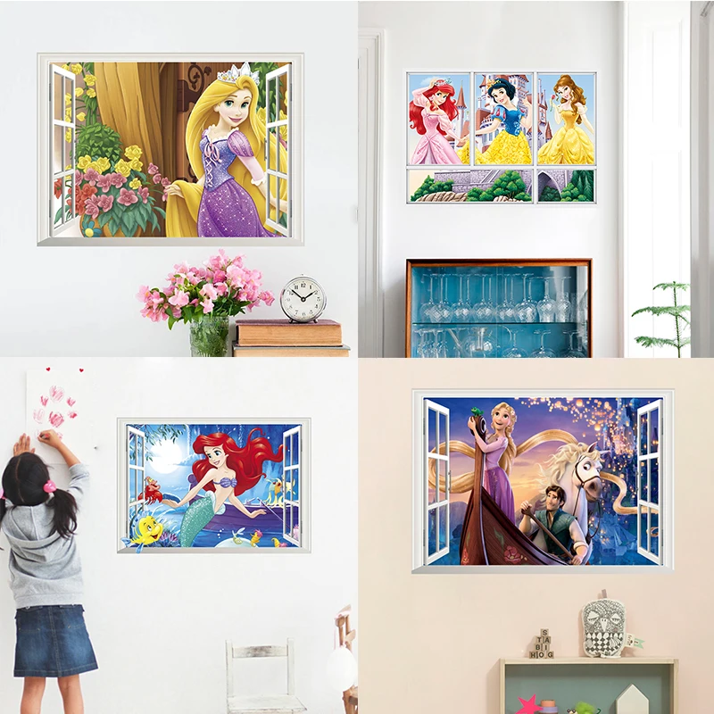 

3d frozen snow white princess window wall stickers kids rooms home decor cartoon cinderella belle aurora wall decals mural art