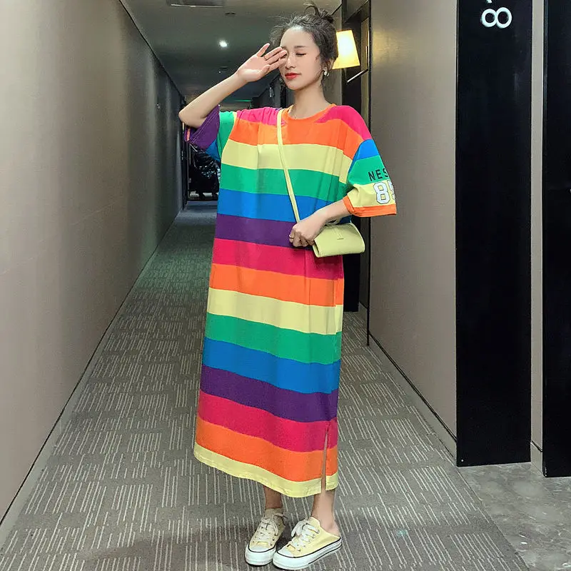 

Rainbow Color Striped Long Nightdress Women Loose Casual Nightgown Sleewpear Spring Summer Short Sleeve Home Clothes Nightwear