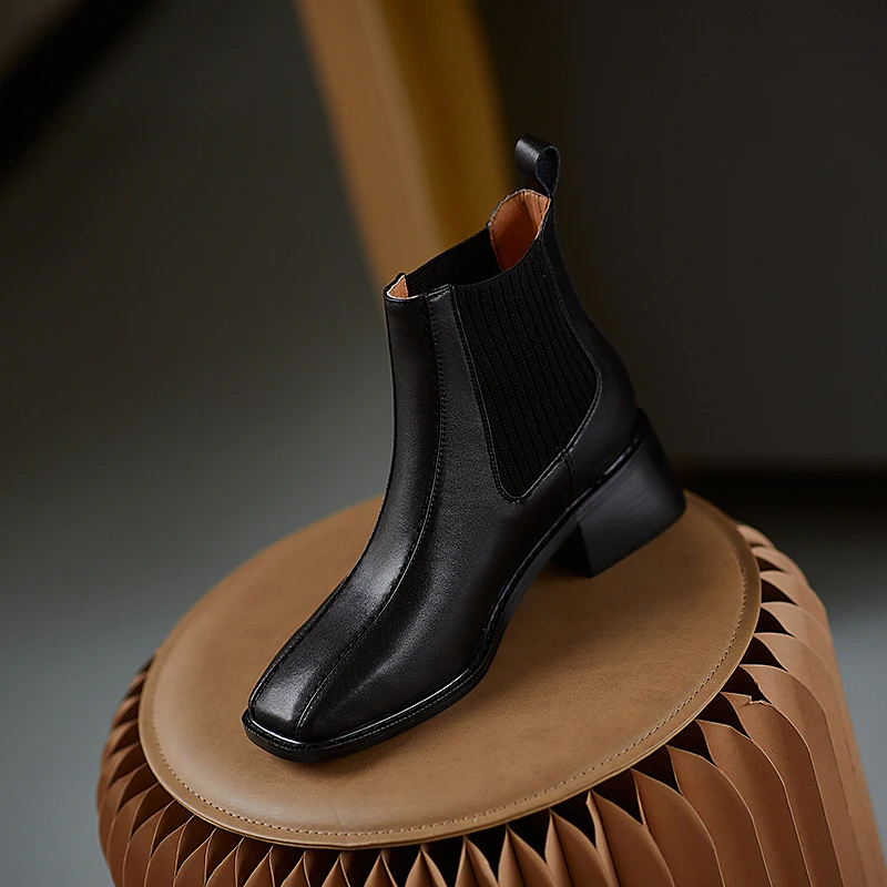

Basic Short Boots Women Genuine Leather Chelsea Boots Spring Autumn Ankle Boots Woman Square Toe Concise Short Boots