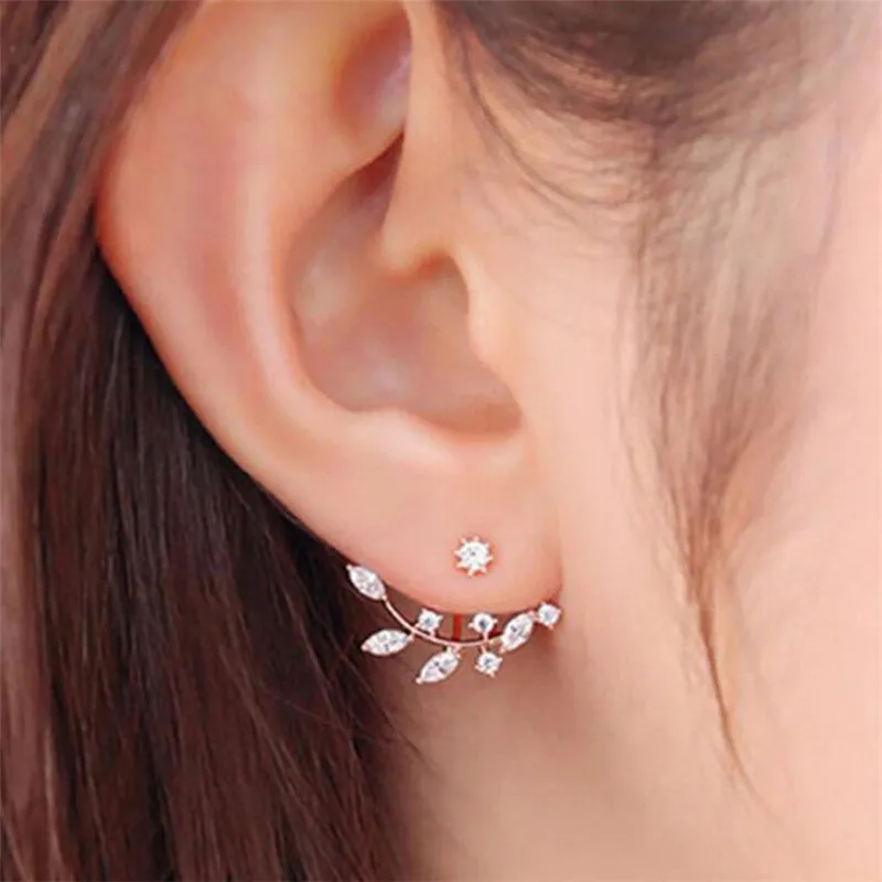 Rose Gold Модные серьги в виде листьев, ветви цветов, стразы, кристалл, серьги-гвоздики, свадебные кривые, серебряные, золотые, цветные циркониевые серьги для женщин - Окраска металла: Rose Gold