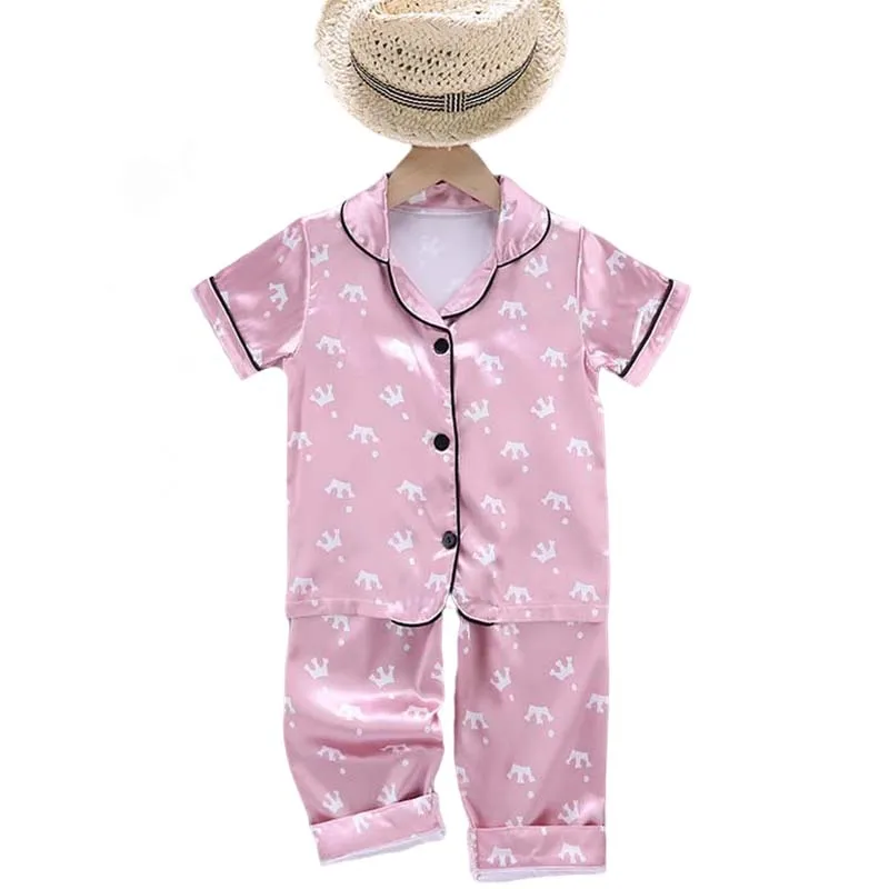 

Children's Pajamas Set Baby Suit Kids Clothes Toddler Girls Pink Ice Silk Satin Printing Tops Pants Set Home Wear 2Pcs