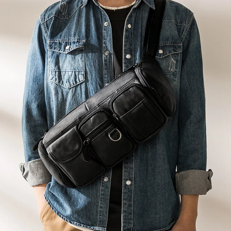 Retro fashion designer first layer cowhide men black chest bag summer light outdoor work Multi-pocket real leather messenger bag