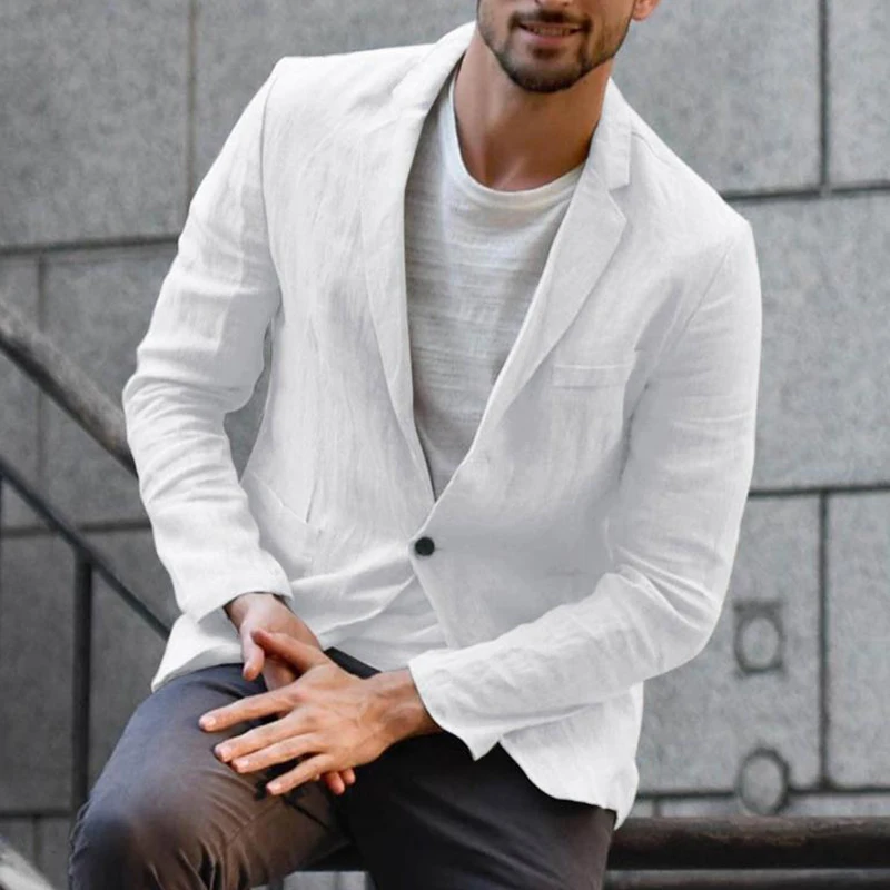 

Мужской повседневный блейзер с отложным воротником, осенняя винтажная однотонная куртка на пуговицах с карманами, модная облегающая верхн...