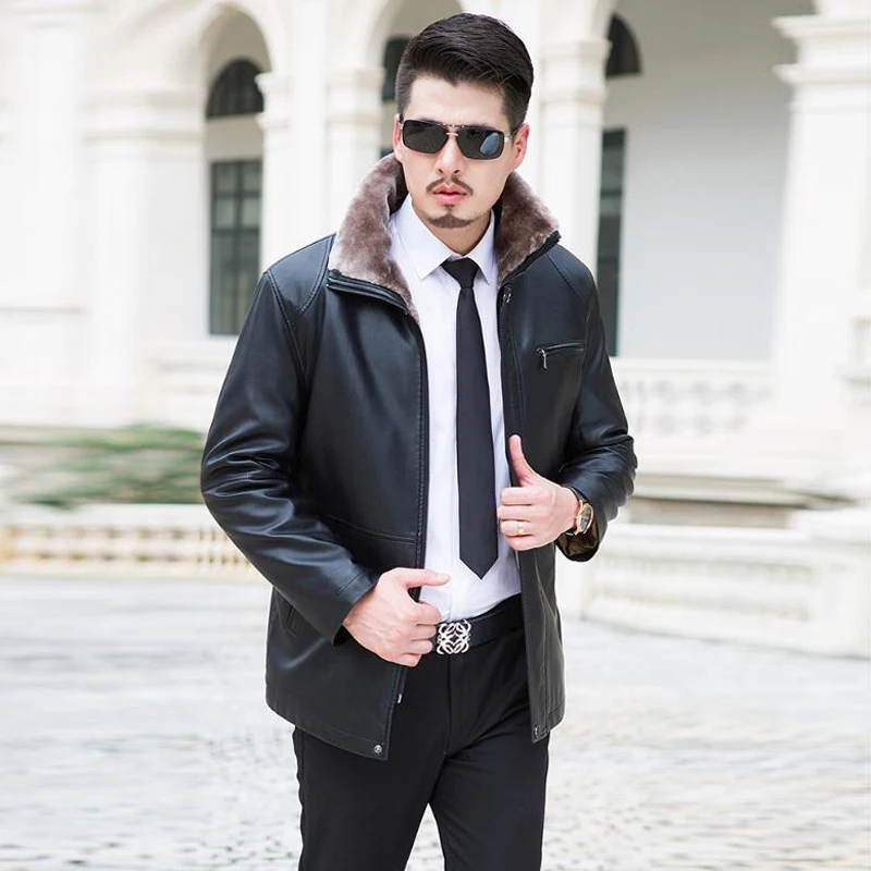 Мужская теплая кожаная куртка на осень и зиму бархатная брендовая одежда в