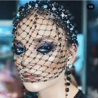 sexy black luxury crystal rhinestone mesh hair band head hoop headband cover face veil headpiece wedding hair jewelry for women