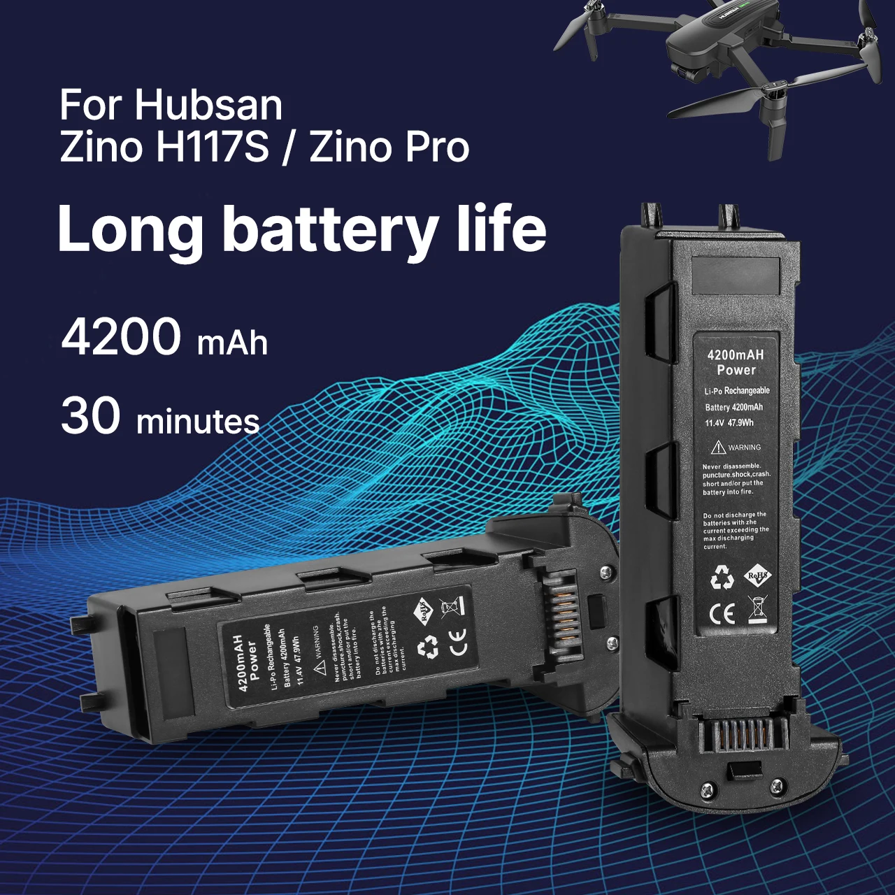 

Аккумулятор для квадрокоптера Hubsan H117S Zino, 11,4 в, 4200 мАч, GPS, 1 шт.