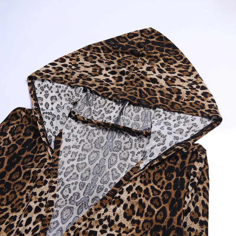 Hugcitar leopard print long sleeve hooded trench coats autumn winter women streetwear windbreak outfits