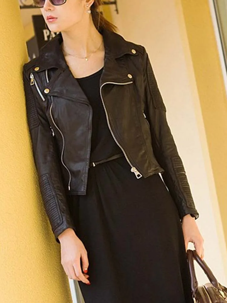 Chinese spring autumn fashion women's genuine leather motocycle jackets turn-down collar ladies sheepskin coat black red 2xl 3xl