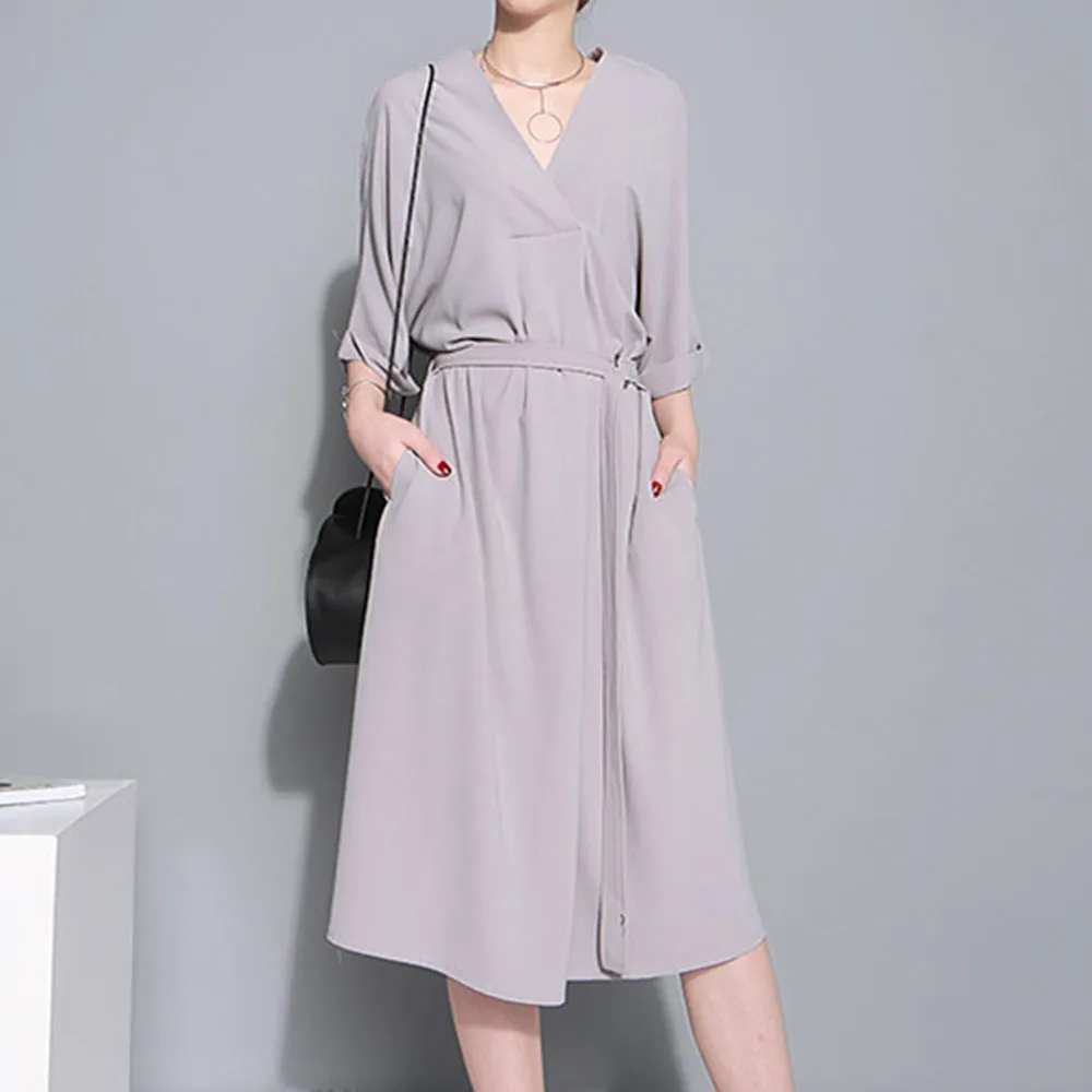 

Dresses Women 2020 Summer A-Line V-Neck Casual Simple Mid Waist Short Sleeve Women Dress Holiday Dresses Fashion Lady Office