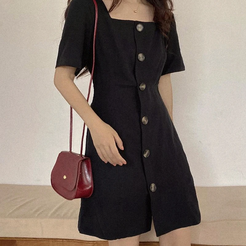 

Black Square Collar Dress 2021new Design Sense Niche Skirt Women's Waist Slimming French Style Black Skirt Summer