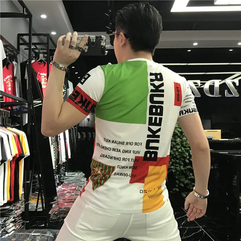 

European station 2020 summer new fashion brand printed round neck half sleeve shirt men's slim trend hot drill T-shirt