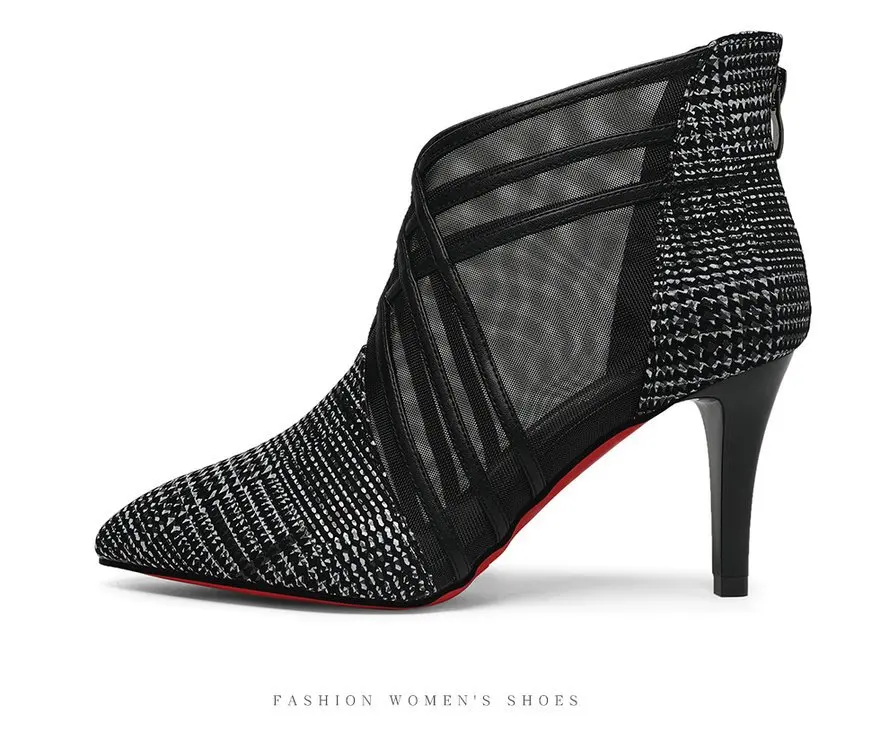 

Fashion Mesh Lace Crossed Stripe Women Ladies Casual Pointed Toe High Stilettos Heels Pumps Feminine Mujer Sandals Shoes