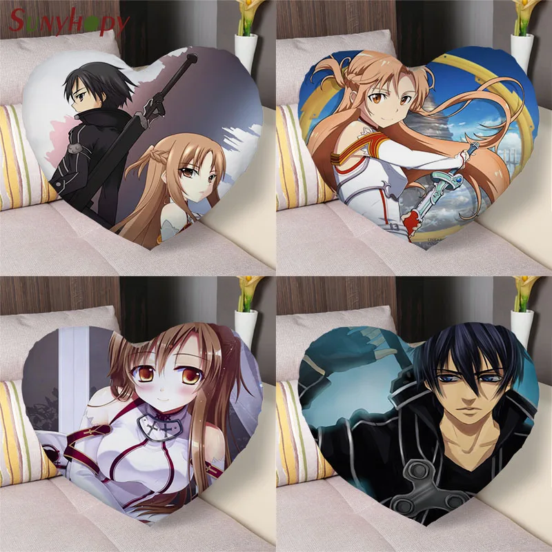 

Sword Art Online Custom Pillowcase Heart Shape Zippered Satin Fabric For Home/Seat Cushion Wedding Decorative-090ZLL