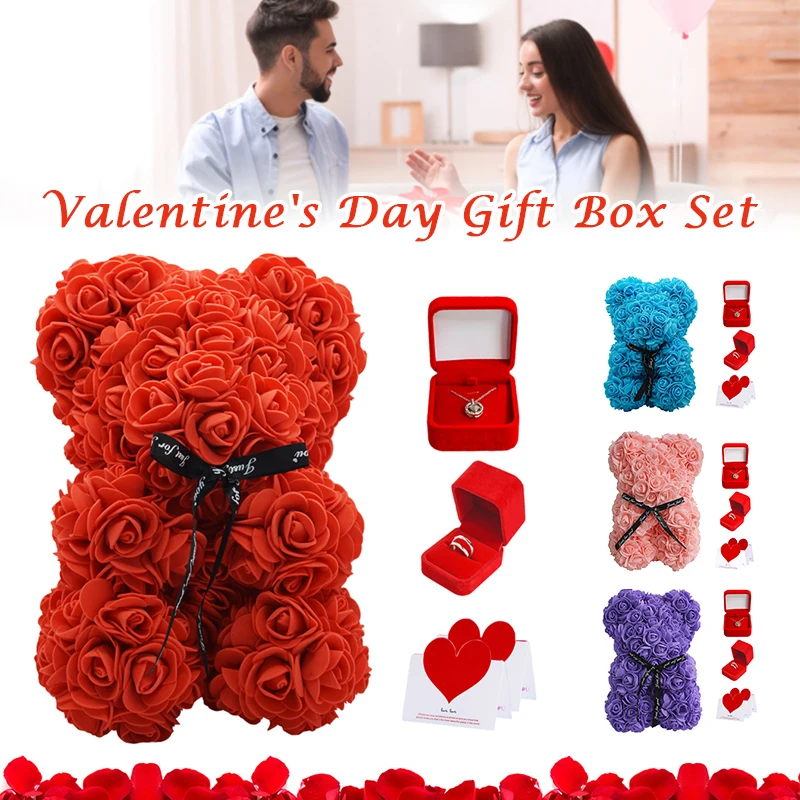 

Valentine's Day Gift Set Artificial Flowers Gift Box Siver Ring Projection Necklace for Grilfriend Wife Romantic Gift Card FPing