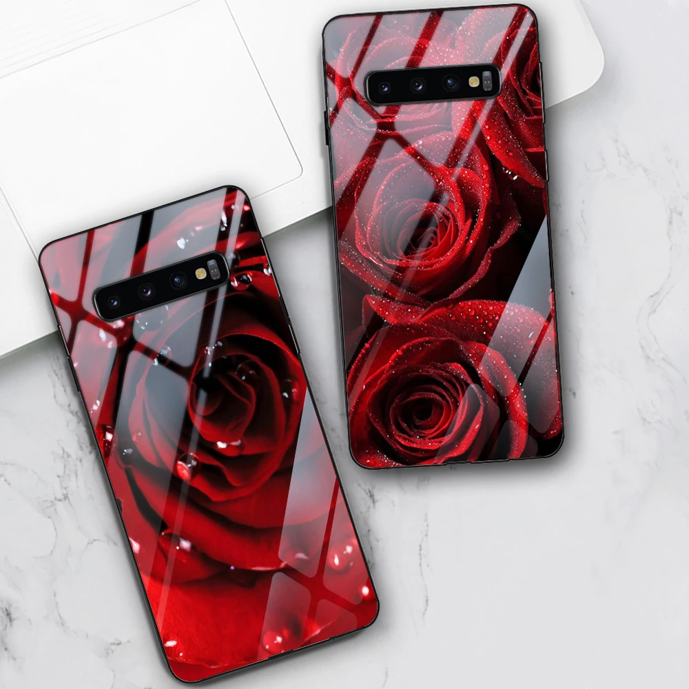 Red Rose Case For Samsung Galaxy S10 S21 S9 S8 S10e S20 Ultra A51 A71 A50 A21S A20E A70 Note 20 10 9 8 Plus Tempered Glass Funda
