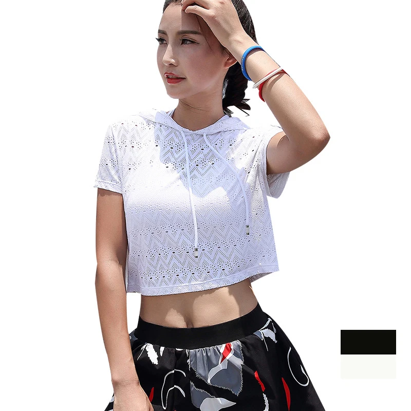 

Yoga Top Summer Sexy Breathable Hollow Print Hooded Short Sleeve Women's Stretch Slim Sports Workout Top