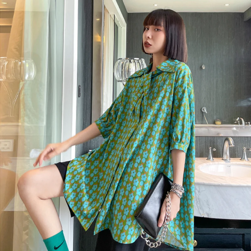 

CHICEVER Print Shirt For Women Lapel Half Sleeve Loose Single Breasted Floral Loose Hit Color Blouses Female Fashion 2021 Summer