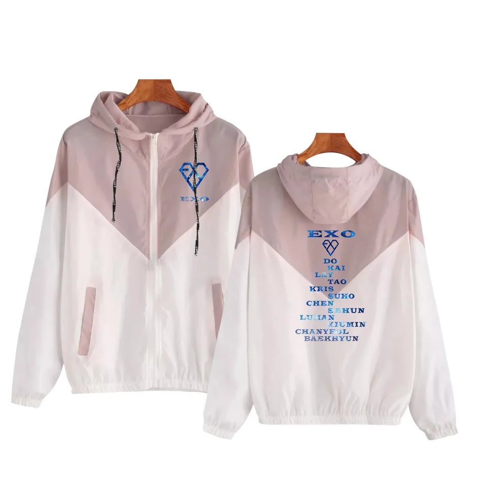 

EXO print Women Basic Jackets Female Zipper Pockets Casual Long Sleeves Coats Autumn Hooded Jacket Two Tone Windbreaker Jacket