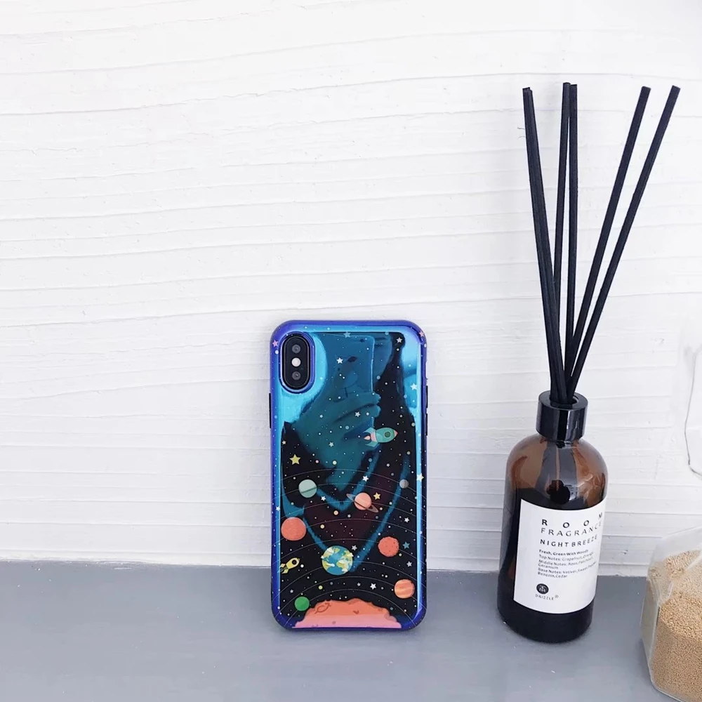 Blue Universe Planet Phone Case For iphone X XR XS Max Mirror TPU soft Cover for 6s 7 8 Plus cartoon Pattern |