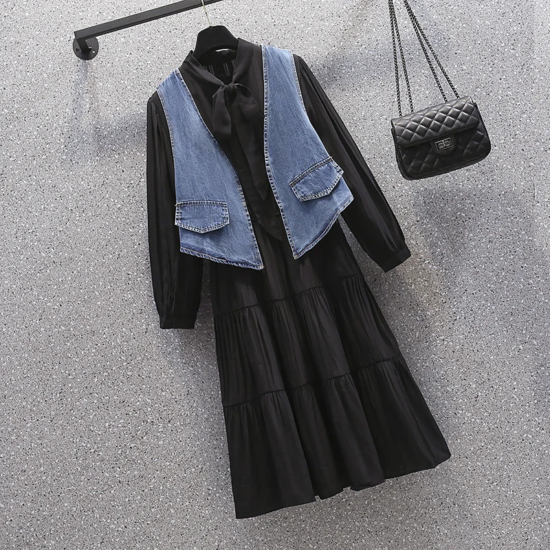 

Large Size Women Two Piece Set Clothing Autumn 2021 Denim Vest and Bow Collar Long Sleeve Elegant Black Ruffle Chiffon Dresses