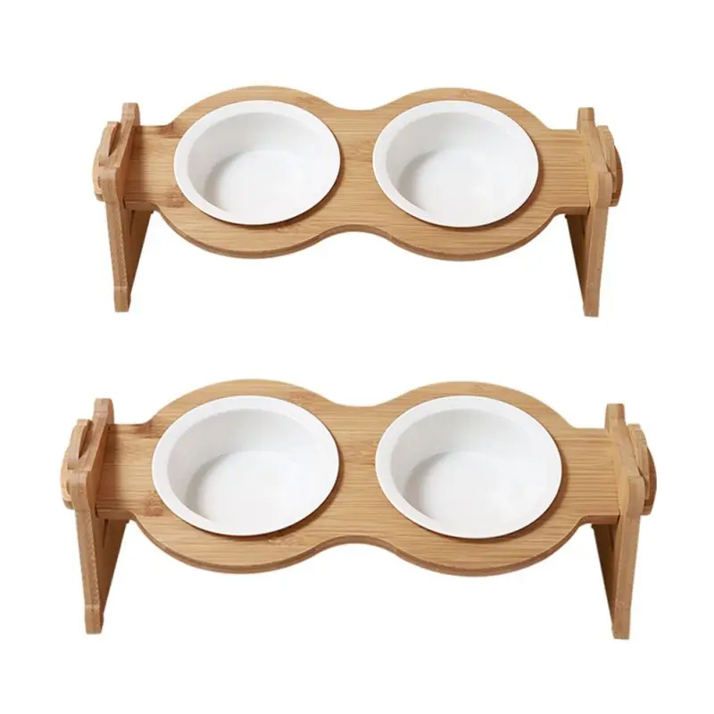 

Pet Food Bowl Bamboo Bowl Rack + Double Ceramic Food Bowl Tilt 15 degrees adjustable Food grade lead-free ceramics Easy to clean