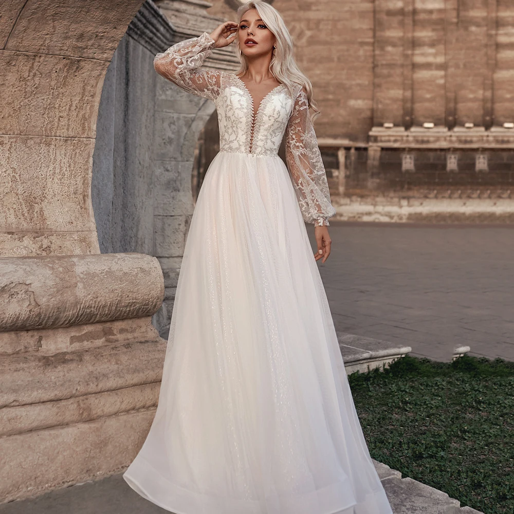 

V Neck Long Sleeve Wedding Dress 2021 Appliques Backless Vestidos De Novia Shiny Layer Tulle A-Line Bridal Gowns