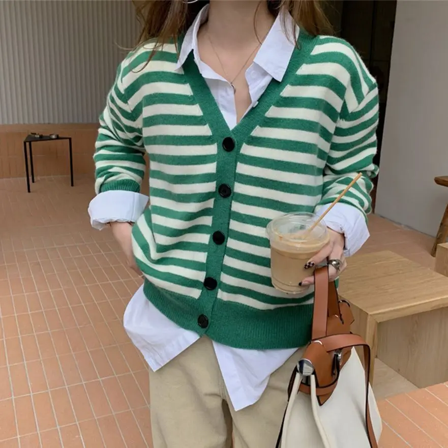 

HziriP Women Sweaters V-Neck Loose-Fitting Hot Sale Stripes Casual Autumn 2021 OL Chic Full Sleeve Knitted Cardigans New Coats