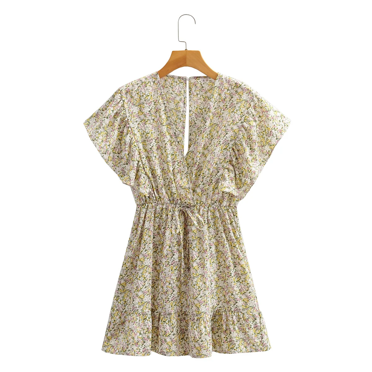 

Соблазнительные босоножки в винтажном стиле с треугольным вырезом и короткими рукавами, женское платье модные Цветочный принт рюшами отст...