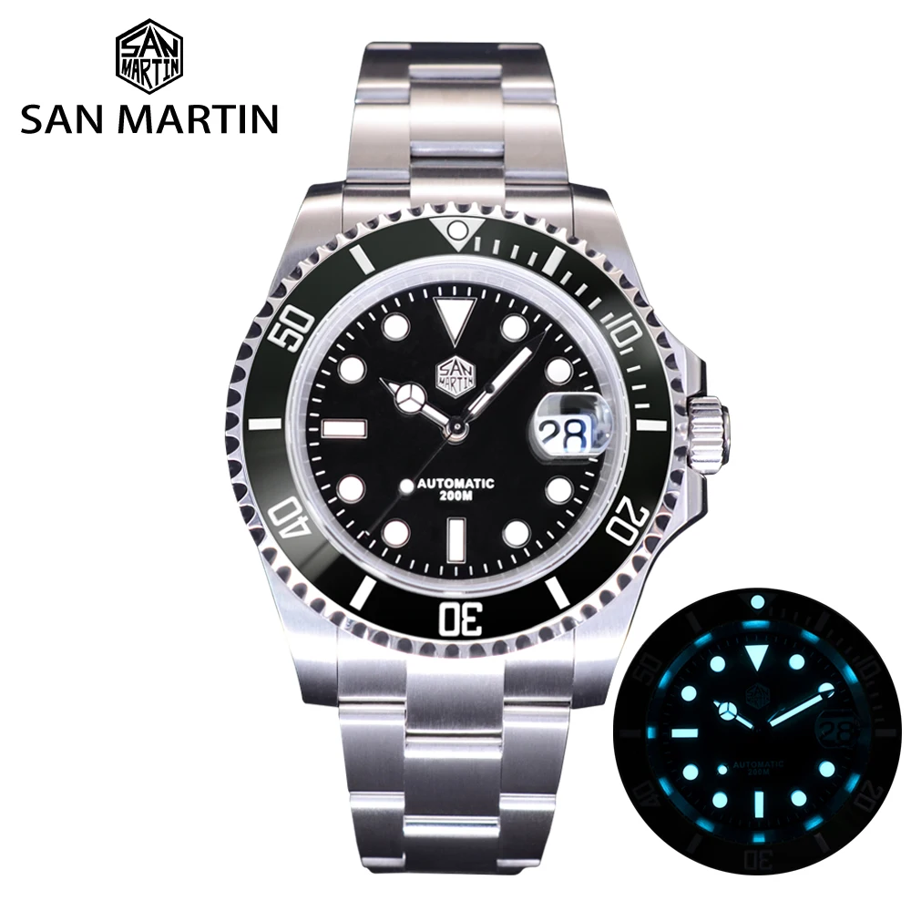 

Мужские часы San Martin Sub Diver 41 мм, черный циферблат, Сапфировая Дата, Циклоп PT5000/SW200, автоматические мужские часы t 200m, водонепроницаемость