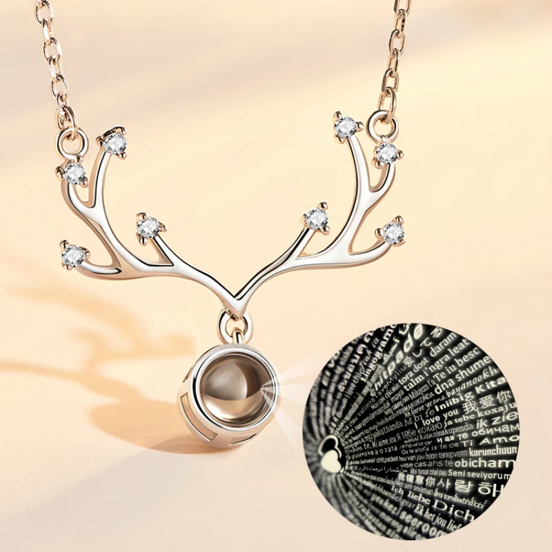 

Silver Color Deer Antler Zircon Projection Necklace In 100 Languages Necklace For Women Girl Fashion Jewelry Christmas Gift