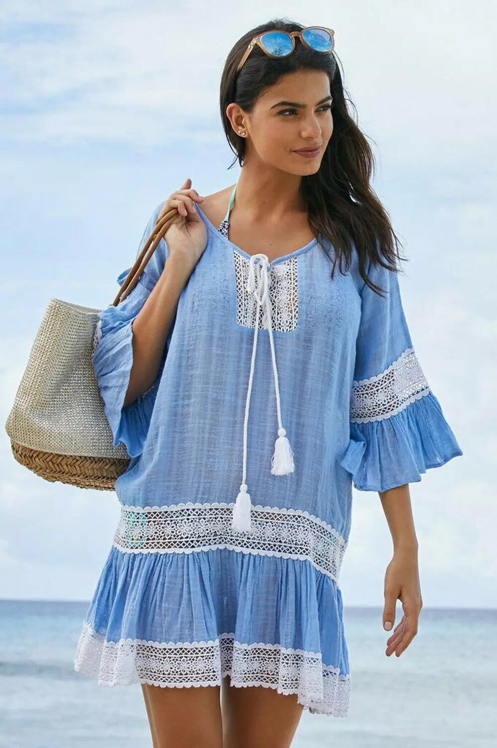 Женский пляжный костюм со шнуровкой купальник бикини летнее платье вязаный