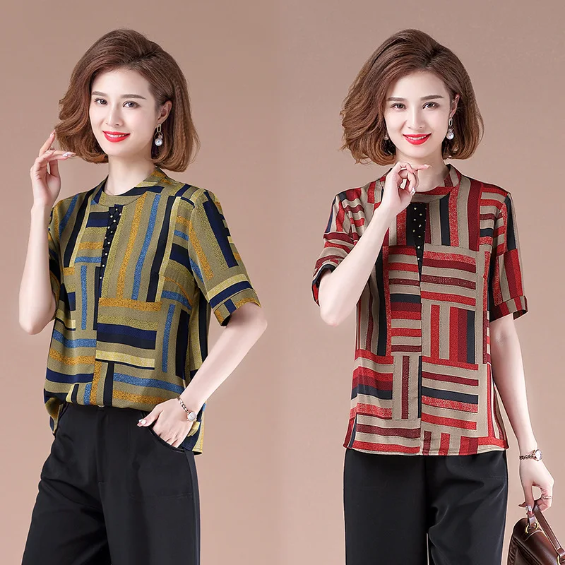 

2021 spring and summer imitation silk shirt women's short-sleeved chiffon tops are fashionable T-shirts