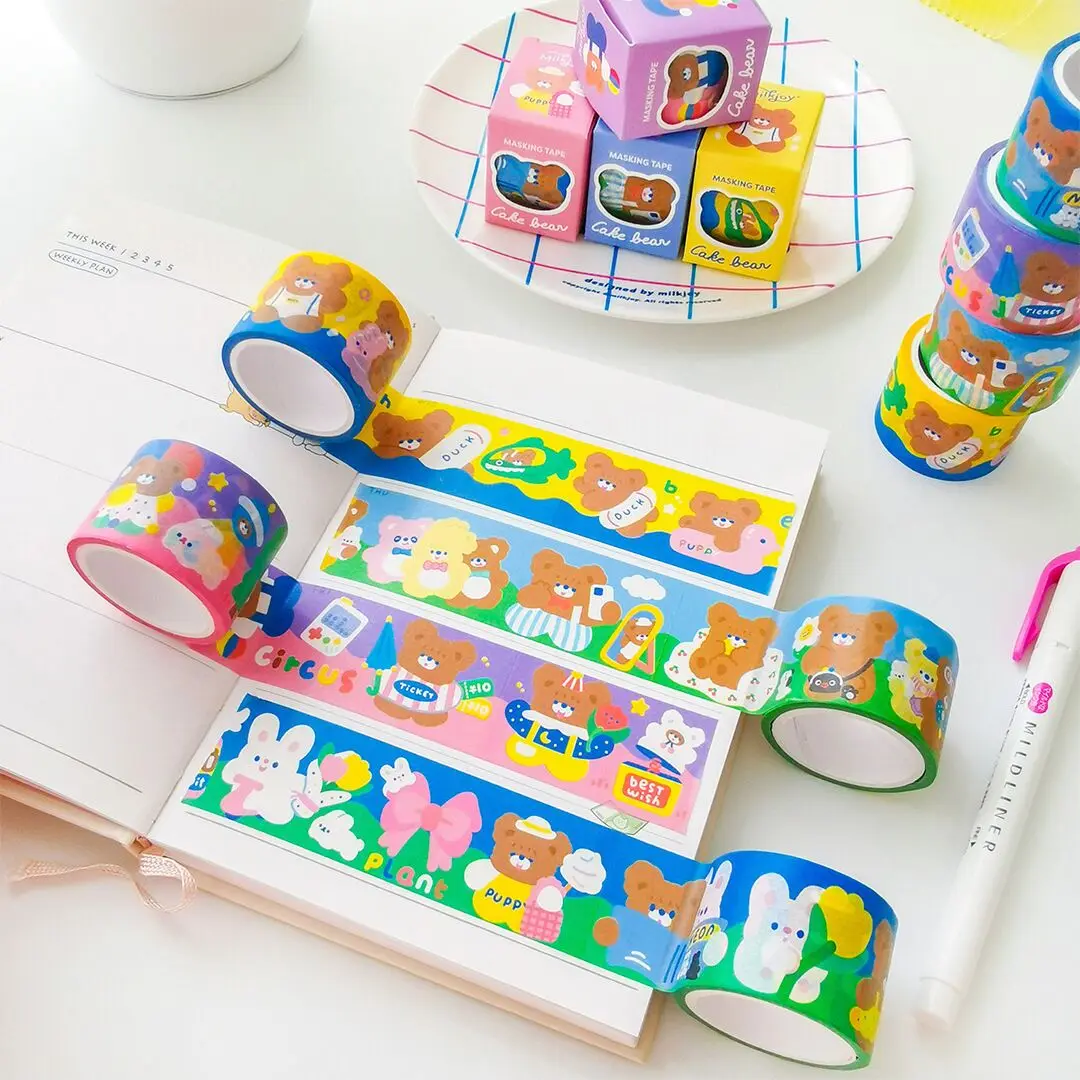 

MINKYS Новое поступление Kawaii торт медведь Washi маскирующая лента для рукоделия, ежедневник, декоративные японская самоклеящаяся лента школьные...