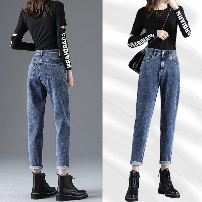 

Новые весенне-осенние джинсы с высокой талией для женщин, широкие брюки в винтажном стиле, Свободные повседневные женские прямые джинсовые ...