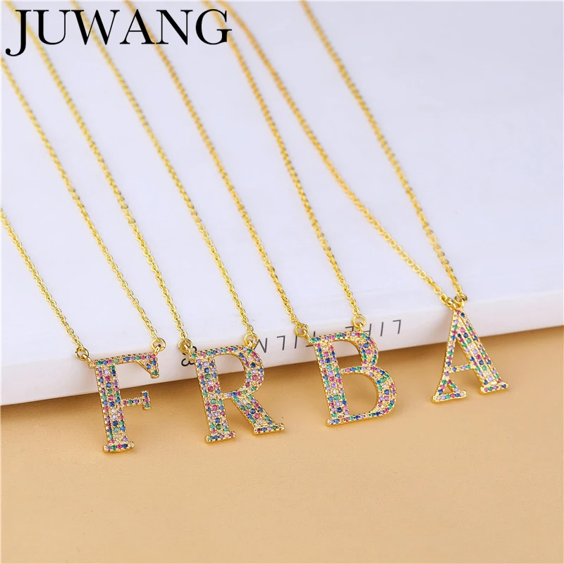 

JUWANG Vintage Rainbow Initial CZ Letter Chokers Necklaces 26 Alphabet Letters Pendant Necklace For Women Men Collares Jewelry