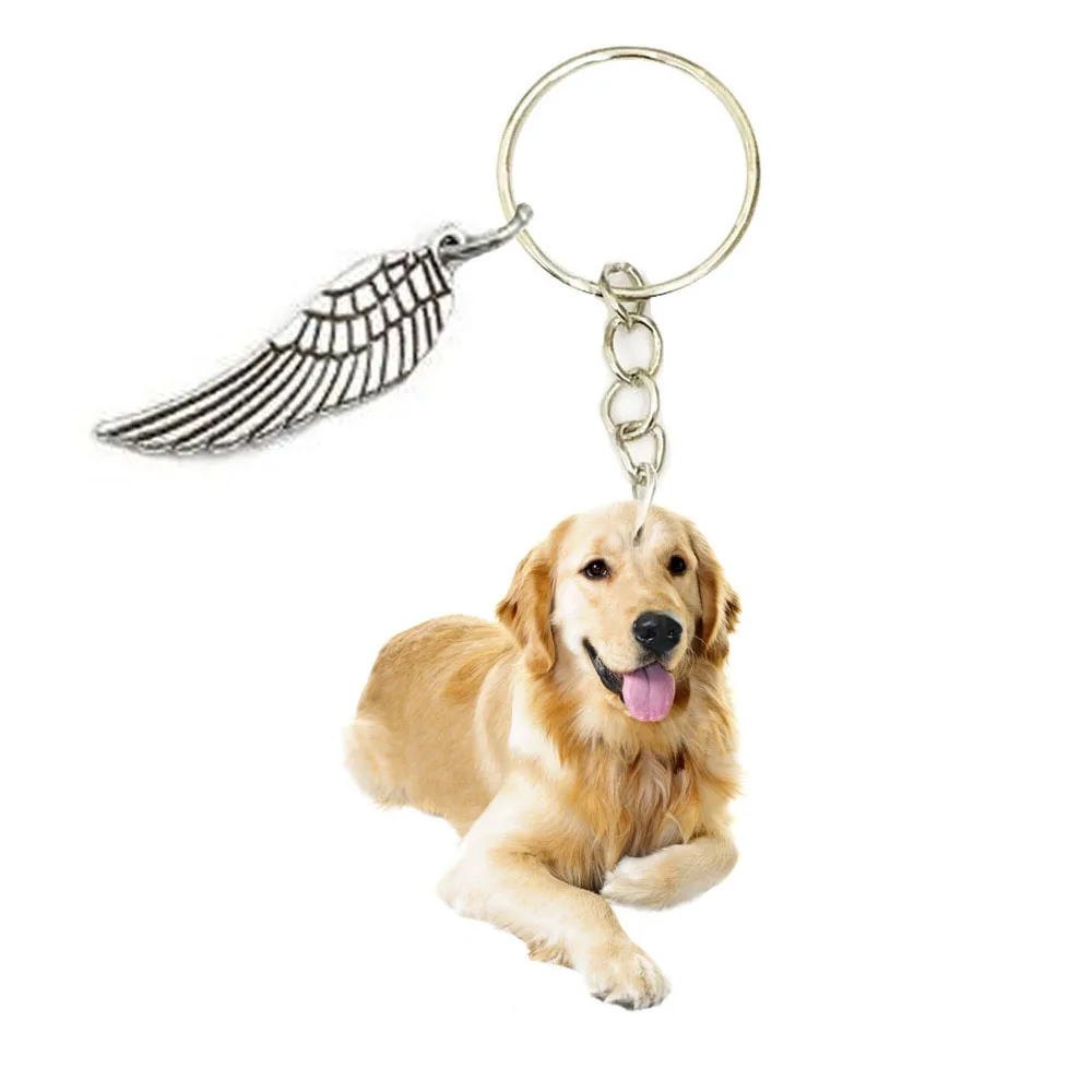 

Sit Dog Acrylic Golden Retriever Keyring With Wing Fashion Keychains Mens Car Key Chain Ring Gift for Women Love Animal Miss U