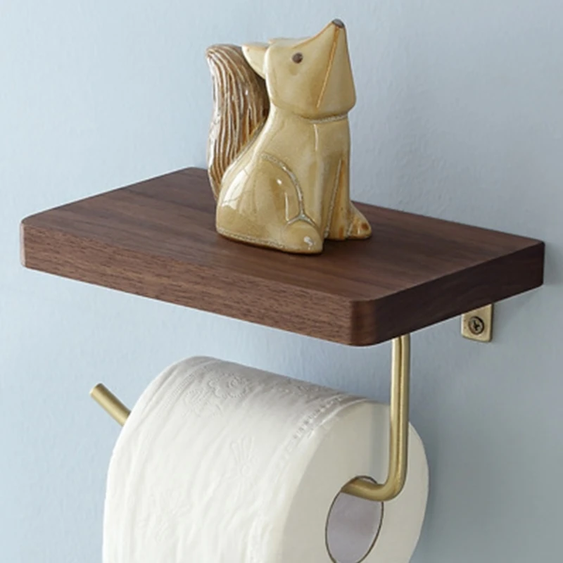 

Toilet Paper Holder Wall Mounted Toilet Roll Tissue Holder Stand with Wooden Shelf for Bathroom Walnut Beech Wood