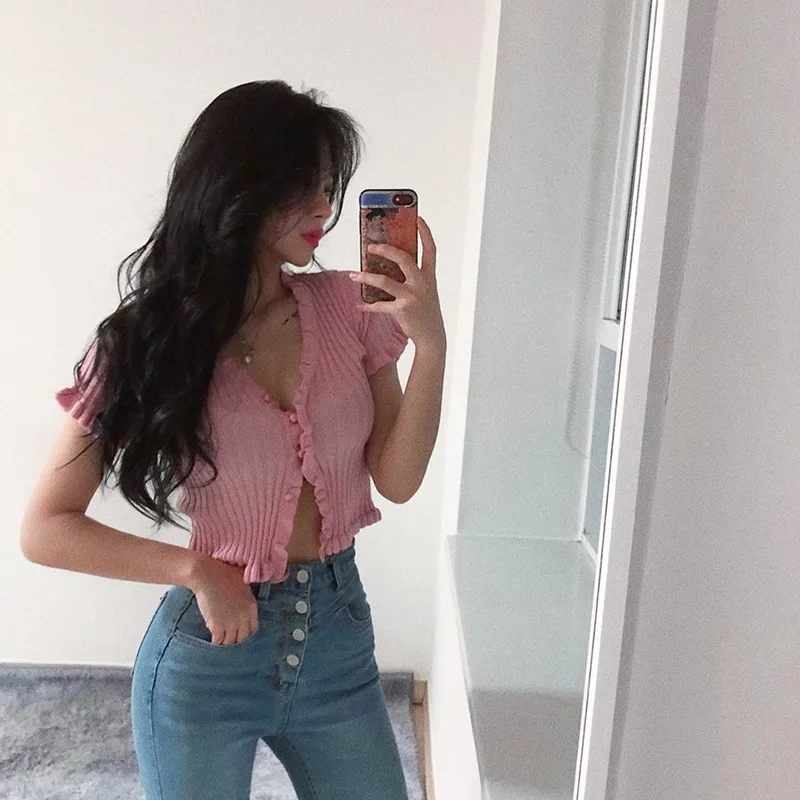 

2020 Arrival Girls Sweet Ruffles Ruched Pink T Shirt Short Sleeve Button Up Ribbed Navel Bare Cropped Tops Knitted Tees