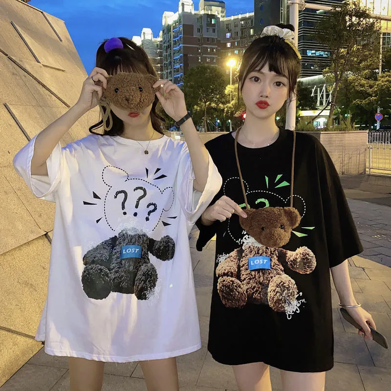

Cute Bear Tshirt Streetwear Summer Oversized Women Harajuku Black Short Sleeves Tops Tee Hip Hop Gothic Kawaii Tshirt With Bags