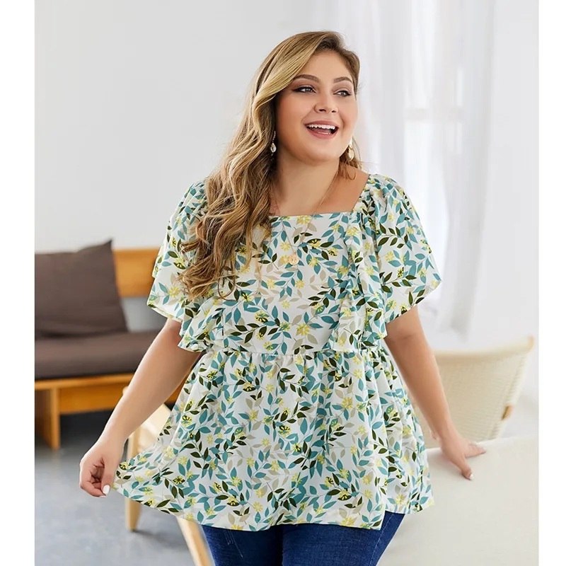 

New 2021 summer plus size tops for women large blouse short sleeve casual loose green floral print flower shirt 4XL 5XL 6XL 7XL