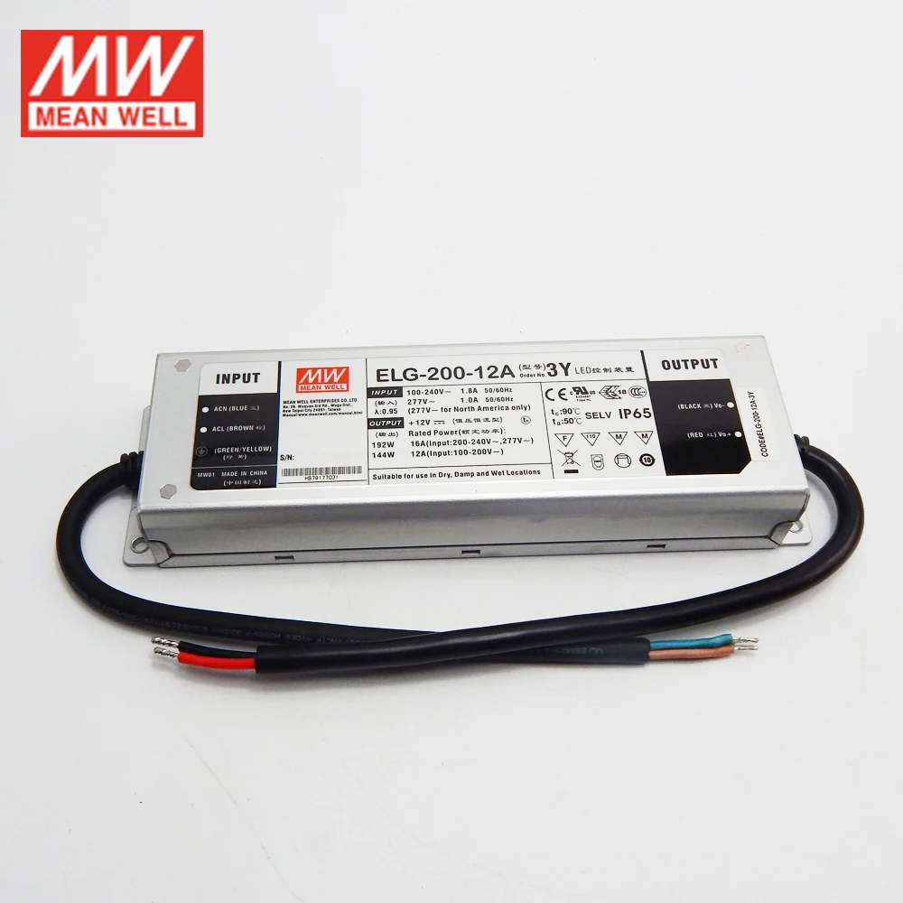 Бренд MEAN WELL представляет ELG-200-12A-3Y 192W 16A 12V регулируемый светодиодный Питание 110 V/220 V переменного тока в постоянный, работающего на постоянном токе 12 В в 16A водонепроницаемый IP65 meanwell led привод