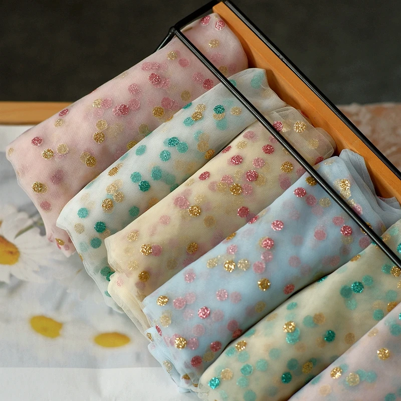 Золотистая бронзовая кружевная ткань в горошек Мягкая сетчатая для девочек