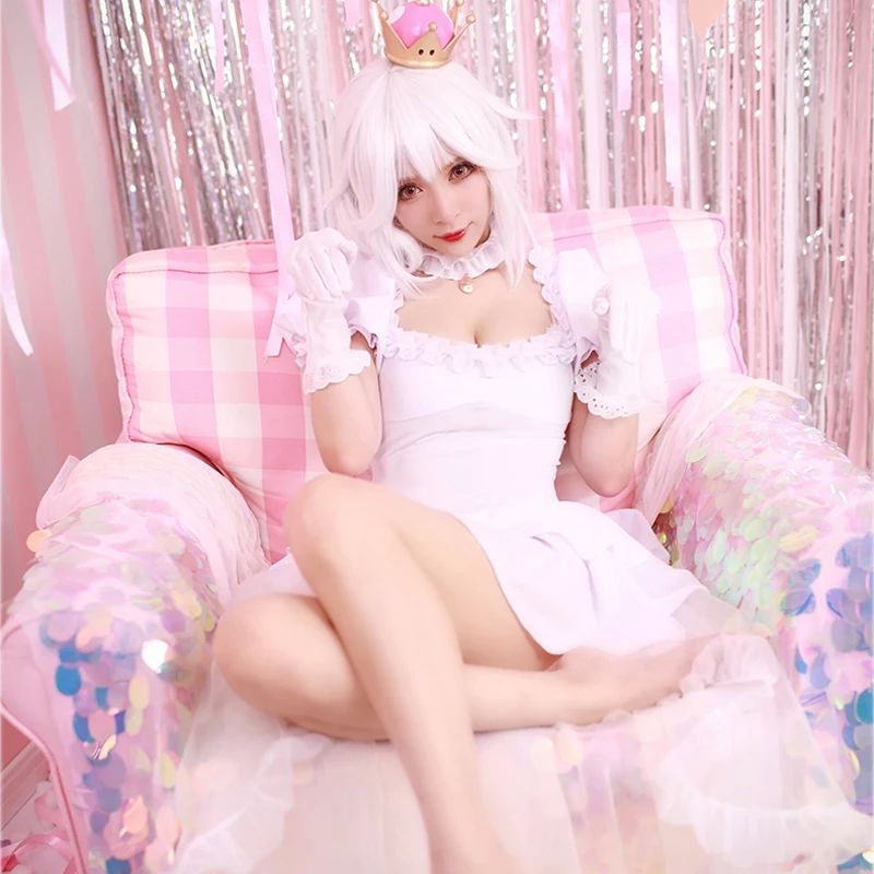

Bowsette Cosplay Costume Bowsette Princess Cosplay White /Black Costume Inner Women Long Skirt Ball Gown Retro Medieval Dress