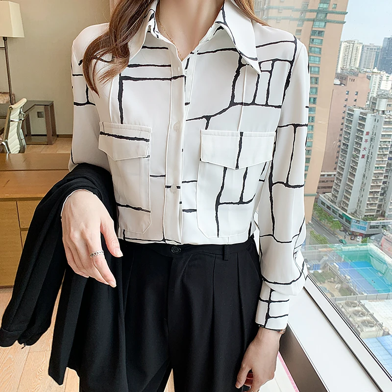

Irregular lines printed women shirt elegant pockets lapel collar long sleeve office ladies work wear blouse female tops autumn