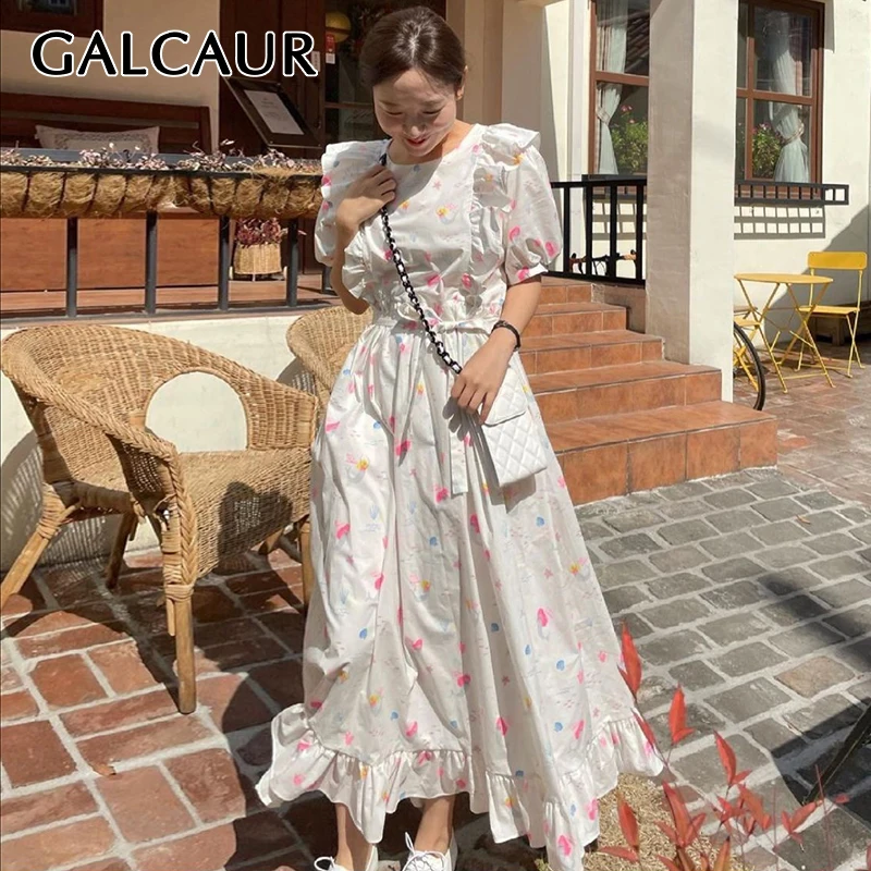 

GALCAUR Patchwork Print Korean Dress For Women O Neck Puff Short Sleeve High Waist Lace Up Maxi Dresses Female New Summer 2021