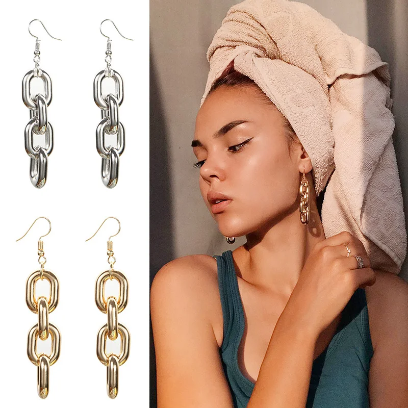 

Chain Earrings Korea Cuba Bright Gold Color Exaggerated Metal Chain Pandant Retro Punk Chain Earrings Jewelry Girlfriends Gifts