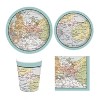 44pcsset map theme disposable tableware retirement travel party paper plate cups earth day decoration birthday party supplies